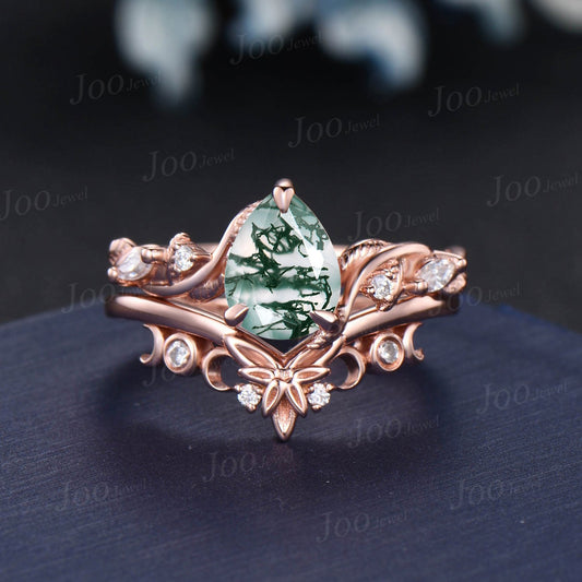 1.25ct Nature Inspired Natural Moss Agate Moissanite Engagement Rings Set 14K Rose Gold Pear Wedding Ring Unique Anniversary Gifts for Women