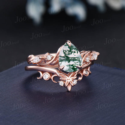 1.25ct Nature Inspired Natural Moss Agate Moissanite Engagement Rings Set 14K Rose Gold Pear Wedding Ring Unique Anniversary Gifts for Women