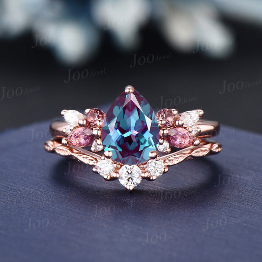 Pear Alexandrite Engagement Ring Vine Twig Moissanite Band 1.25ct Alexandrite Pink Tourmaline Bridal Set Promise Ring June Birthstone Gifts