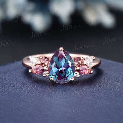 Pear Alexandrite Engagement Ring Vine Twig Moissanite Band 1.25ct Alexandrite Pink Tourmaline Bridal Set Promise Ring June Birthstone Gifts