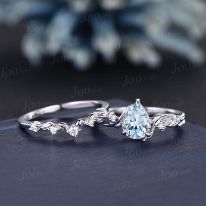1.25ct Twig Vine Nature Inspired Natural Aquamarine Diamond Engagement Ring 14K White Gold Moissanite Wedding Leaf Bridal Set Promise Gifts