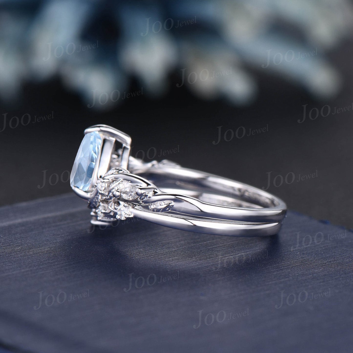 1.25ct Twig Vine Nature Inspired Natural Aquamarine Diamond Engagement Ring 14K White Gold Moissanite Wedding Leaf Bridal Set Promise Gifts