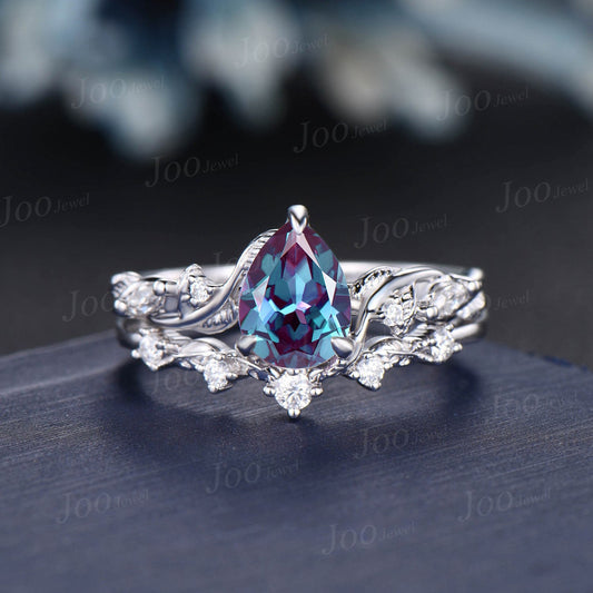 Nature Inspired Color-Change Alexandrite Diamond Bridal Set 14K White Gold Pear Alexandrite Wedding Ring Set June Birthstone Jewelry Gifts