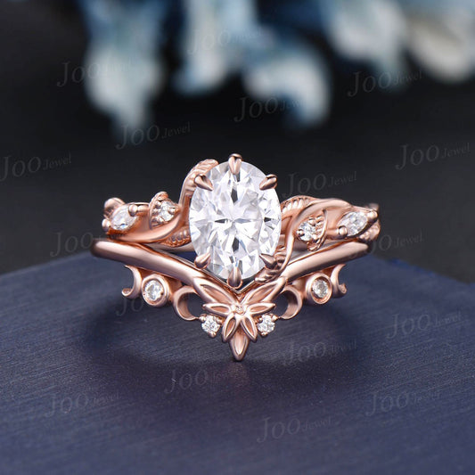 1.5ct Moissanite Diamond Wedding Ring Set 14K Rose Gold Nature Inspired Moon Leaf Oval Moissanite Engagement Ring Unique Anniversary Gifts