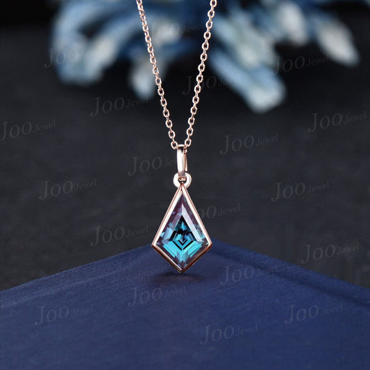 Bezel Set Color-Change Alexandrite Drop Necklace Vintage Kite Shaped Gemstone Pendant 14K Rose Gold Unique Solitaire Bridal Necklace Women