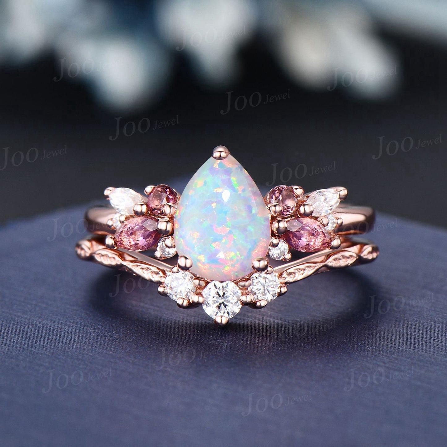 Pink Tourmaline Opal Cluster Bridal Set 1.25ct Pear Opal Engagement Ring Set Vine Twig Moissanite Band Promise Ring October Birthstone Gifts