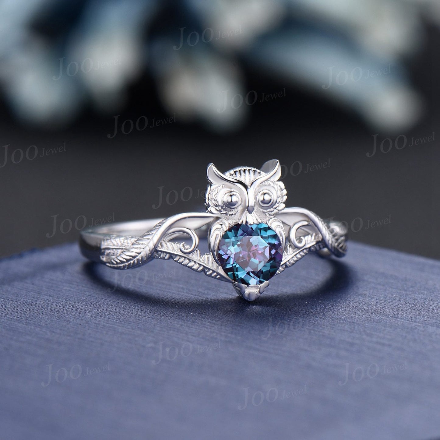 Unique Branch Twig Vine Owl Engagement Ring Round Color-Change Alexandrite Wedding Ring Cute Owl Antique Nature Inspired Alexandrite Jewelry