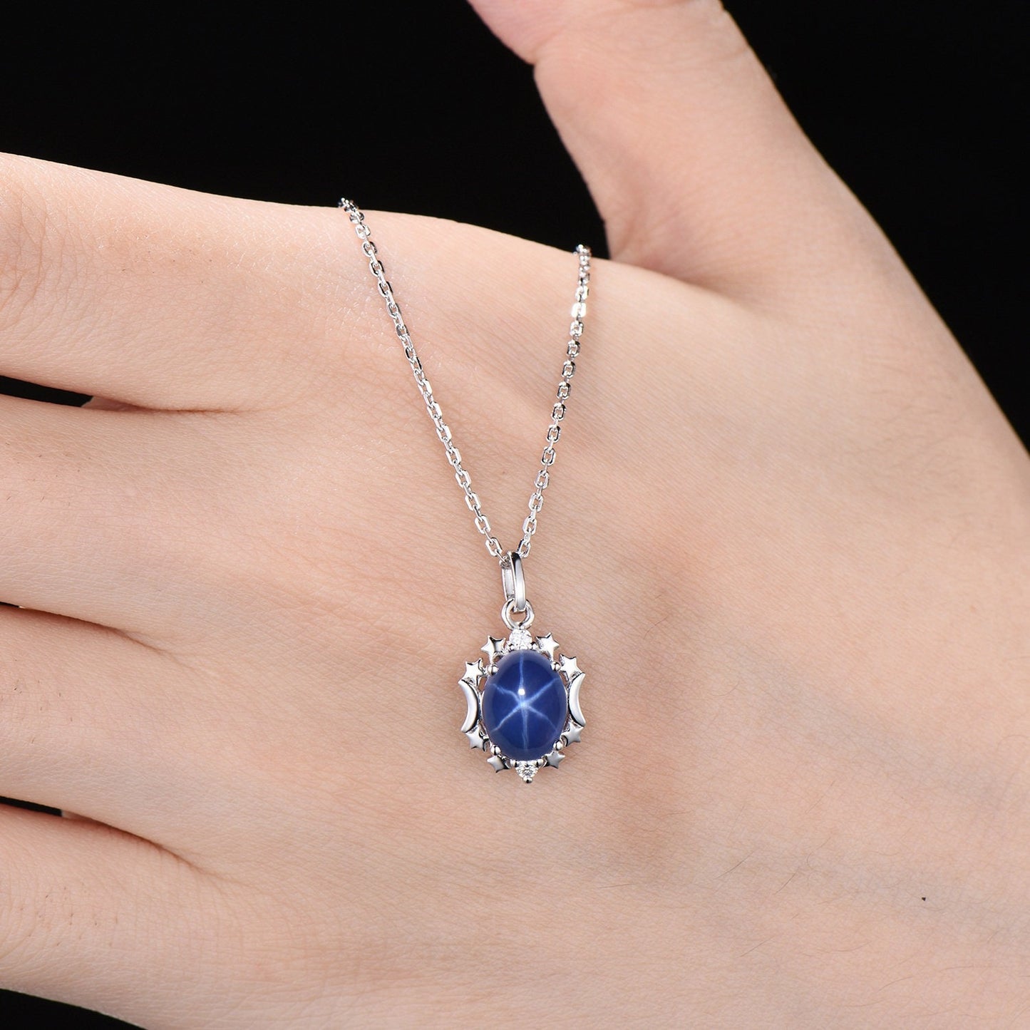 Oval Star Blue Sapphire Necklace 14K Gold Moon Star Halo Wedding Necklace Star Blue Bridal Solitaire Pendant Necklace Unique Promise Gifts