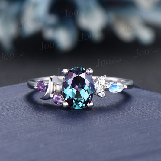 1.5ct Oval Color-Change Alexandrite Promise Ring Celestial Moon Wedding Ring Vintage Amethyst Moonstone Bridal Ring June Birthstone Gifts