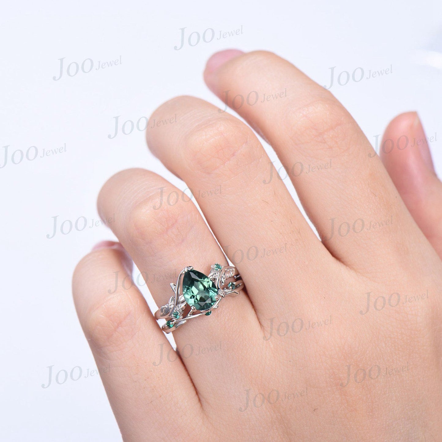 1.25ct Pear Cut Nature Inspired Green Sapphire Engagement Ring Set 10K White Gold Teal Sapphire Green Emerald Ring Unique Wedding Ring Women