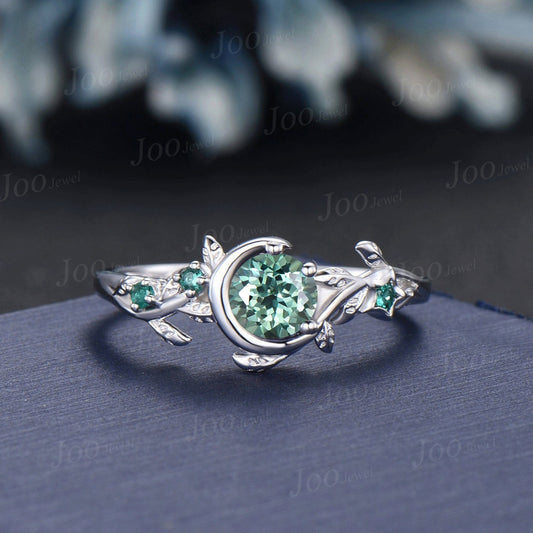 Nature Inspired Green Sapphire Ring Moon Star Design Vintage 5mm Round Olive Sapphire Engagement Ring Leaf Green Emerald Dainty Wedding Ring