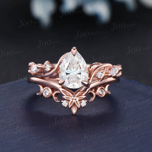 1.25ct Leaf Nature Inspired Moissanite Diamond Engagement Rings Set 14K Rose Gold Pear Wedding Ring Unique Proposal Anniversary Gifts Women