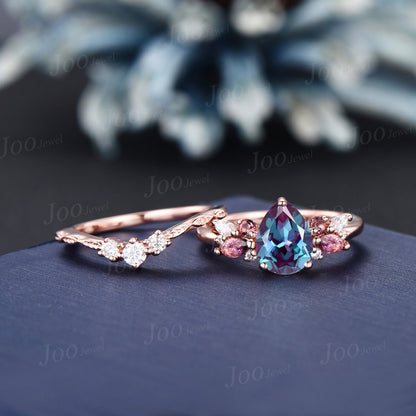 Pear Alexandrite Engagement Ring Vine Twig Moissanite Band 1.25ct Alexandrite Pink Tourmaline Bridal Set Promise Ring June Birthstone Gifts